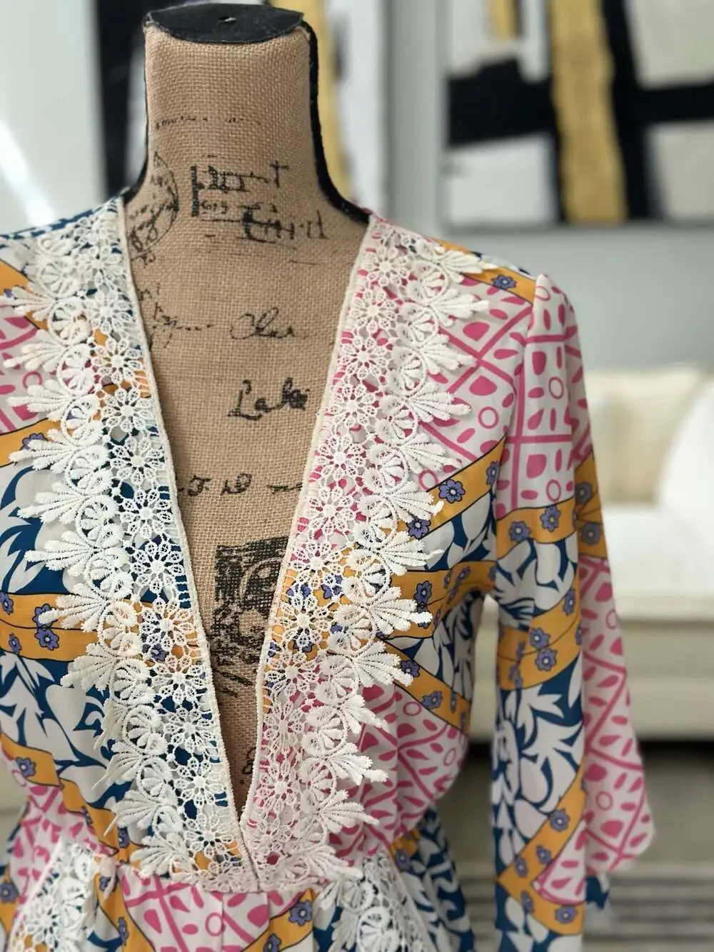 Boho Patterned Lace-Trim V-Neck Romper - Picture 2 of 5
